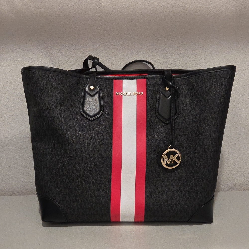 Michael Kors XL Black Tote with Bright Pink and White Stripe